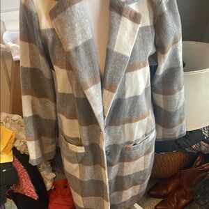 Plaid Long Coat in Gray and Brown